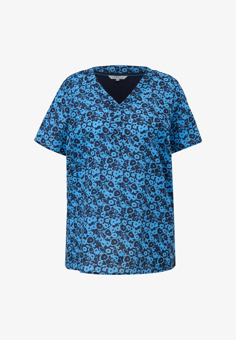 Korte mouwen top met blauwe bloemenprint en V-hals, gemaakt van lichtgewicht materiaal, met donkerblauwe accenten en een losse pasvorm.
