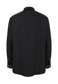 Czarna koszula z długim rękawem, wykonana z gładkiego materiału, z klasycznym kołnierzykiem, zapinanymi mankietami oraz prostym tyłem bez wzorów.