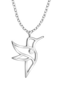 Sølvmekanisk kolibri-halskæde med åbenløsning design, der har en rund klar sten på kroppen. Kæden er lavet af sammenkoblede metalled.