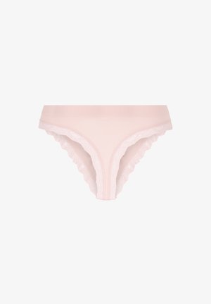 Light pink cotton panties with a ribbed texture, featuring scalloped lace trim along the waistband and leg openings.