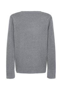 Grauer Strickpullover mit langen Ärmeln und runder Ausschnitt. Verfügt über gerippte Bündchen und Saum, die eine glatte Textur und ein neutrales Design bieten.