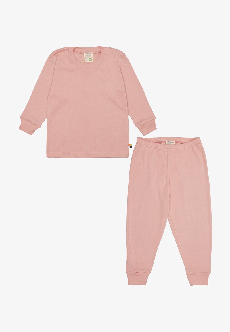 Rosa, langärmliges Baumwolloberteil und passende Schlafanzughosen mit elastischem Bund und Bündchen, mit einem kleinen Etikett an der Seite des Shirts.