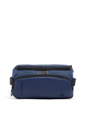 Borsa per toilette rettangolare blu con due scomparti con cerniera e maniglie laterali nere, posizionata su sfondo bianco.