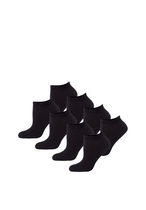 Acht Paar schlichte schwarze Knöchelsocken, angeordnet in zwei Reihen auf weißem Hintergrund.