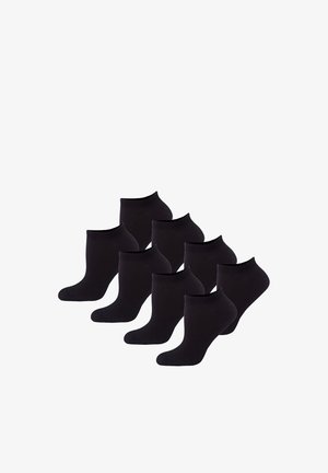 Acht Paar schlichte schwarze Knöchelsocken, angeordnet in zwei Reihen auf weißem Hintergrund.