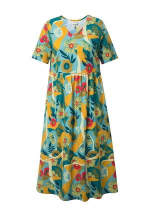 Abito corto a maniche corte con scollo a V, caratterizzato da un vivace motivo floreale nei colori turchese, giallo, rosso, bianco e verde.
