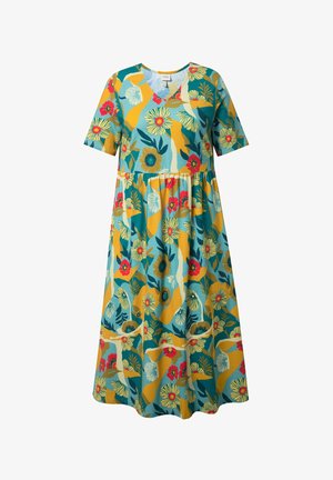 Abito corto a maniche corte con scollo a V, caratterizzato da un vivace motivo floreale nei colori turchese, giallo, rosso, bianco e verde.