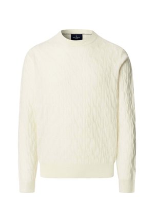 Pull en tricot couleur crème avec un motif en câble, encolure ronde et poignets côtelés. Fabriqué à partir d'un tissu texturé, offrant une apparence confortable.
