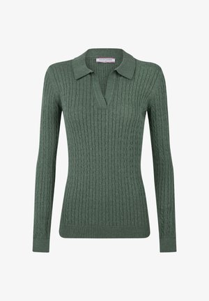 Grüner Strickpullover mit Kragen, langen Ärmeln, geripptem Textur und taillierter Silhouette. Auffälliges Zopfmuster im gesamten Pullover.