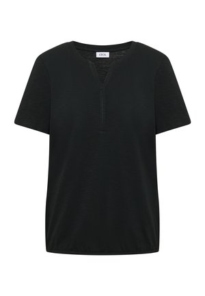 Schwarzes Damenoberteil mit kurzen Ärmeln, rundem geteiltem Ausschnitt und Markenetikett „CECIL“ innen am Kragen.