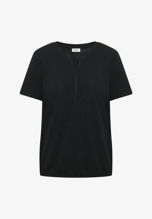 Camiseta de mujer negra de manga corta con escote redondo con abertura y etiqueta de marca "CECIL" en el interior del cuello.