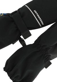 Guanti invernali neri con una stoffa texturizzata, cinturini regolabili e polsini elastici. Include un marchio in bianco.