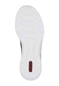 Semelle en caoutchouc blanche avec une surface texturée, présentant des motifs ovales et circulaires. Bords renforcés et un petit détail de logo rouge.