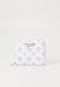 Portafoglio bianco con zip, caratterizzato da una finitura testurizzata, con un motivo a logo grigio e dettagli in metallo dorato. Design compatto e rettangolare.