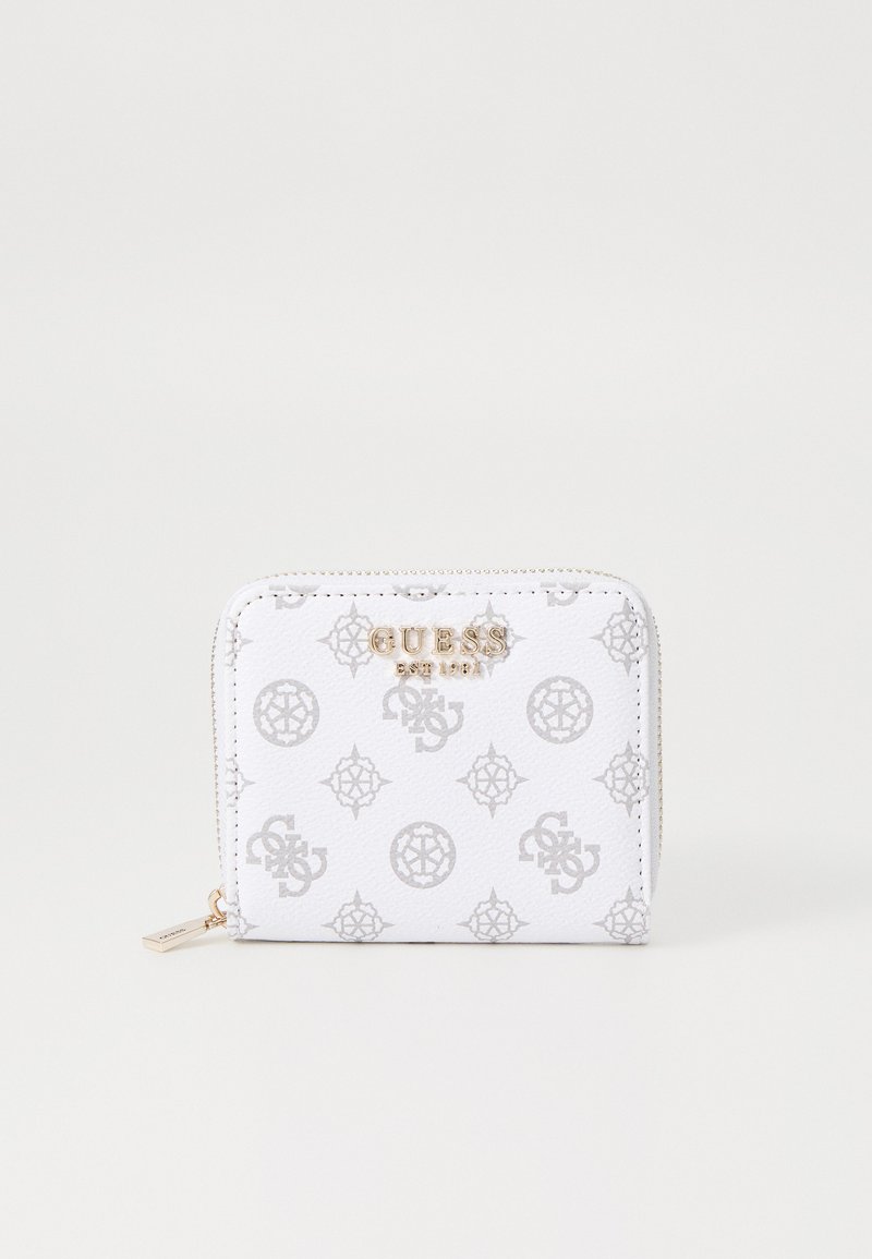 Portafoglio bianco con zip, caratterizzato da una finitura testurizzata, con un motivo a logo grigio e dettagli in metallo dorato. Design compatto e rettangolare.