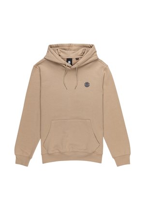 Beige hoodie made of soft fabric, featuring a kangaroo pocket, drawstring hood, and a small logo on the chest. Casual design with ribbed cuffs.