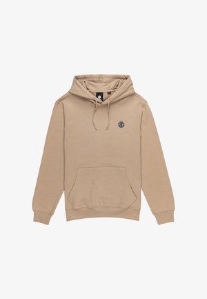 Beige hoodie gemaakt van zachte stof, met een kangoeroe-pocket, een trekkoordcapuchon en een klein logo op de borst. Casual ontwerp met geribbelde manchetten.