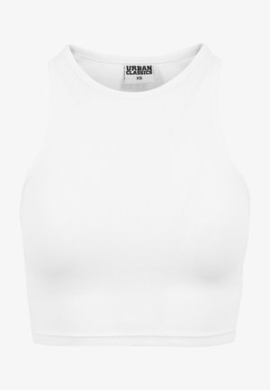 Bela rebrasta kratka majica z visokim ovratnikom in brez rokavov. Narejena iz mehkega, elastičnega materiala za udoben fit.