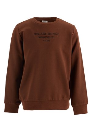 Brązowa bluza z długim rękawem i okrągłym dekoltem, z czarnym napisem „SERIAL CODE: 256-257/2 MANHATTAN CITY NYC 1965” na piersi.