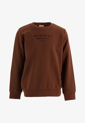 Brązowa bluza z długim rękawem i okrągłym dekoltem, z czarnym napisem „SERIAL CODE: 256-257/2 MANHATTAN CITY NYC 1965” na piersi.