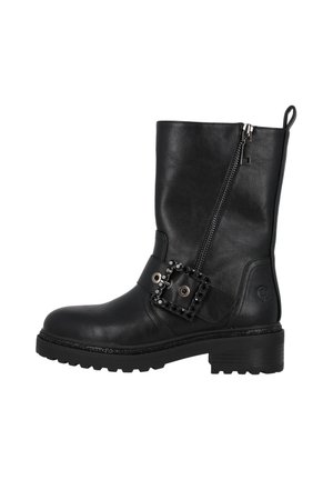 Schwarze Leder-Ankle Boots mit einem seitlichen Reißverschluss, dicker Sohle und einem verstellbaren Riemen, der mit einer dekorativen Schnalle und Nieten versehen ist.