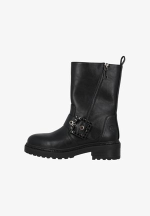 Schwarze Leder-Ankle Boots mit einem seitlichen Reißverschluss, dicker Sohle und einem verstellbaren Riemen, der mit einer dekorativen Schnalle und Nieten versehen ist.