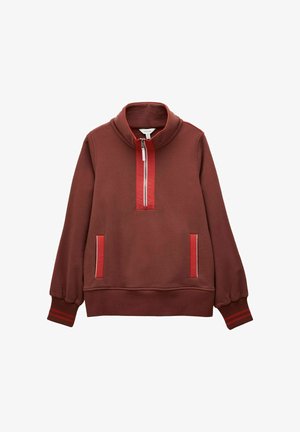 Pika-sleeve pruun pullover punase pooltõmbele, punase ääristusega taskud, kõrge kaelus ja ribadeta mansetid punaste triipudega.