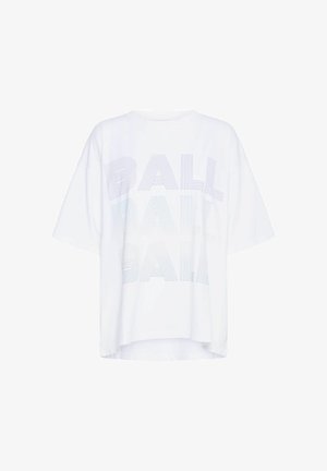 T-shirt bianco oversize in cotone, caratterizzato da audace testo "BALL" multicolore in strisce curve sul davanti e spalle scese.