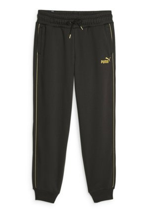 Pantaloni sportivi neri realizzati in materiale morbido, con vita regolabile con coulisse, tasche laterali e piping giallo lungo i lati. Logo Puma presente.