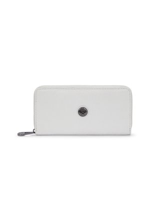 White leather wallet with a zip closure, featuring a circular metallic logo at the center and fine stitching along the edges.