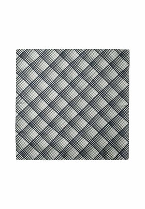 Quadratisches Gewebe mit weißem Hintergrund und schwarzen, sich kreuzenden Gittern, die ein Rautenmuster bilden.
