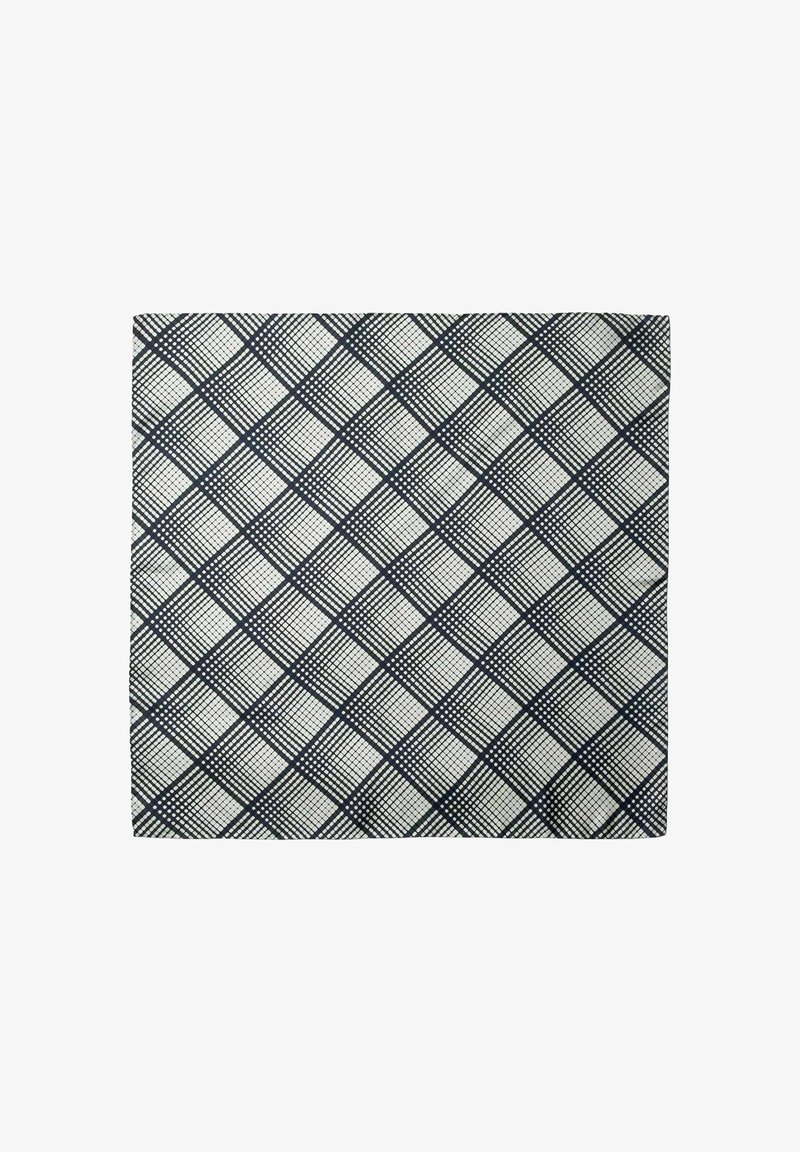 Tissu carré avec un fond blanc et des lignes de grille noires qui se croisent formant un motif en losange.