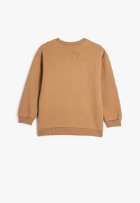 Brązowy bawełniany sweatshirt z długimi rękawami, okrągłym dekoltem, ściągaczami przy mankietach i luźnym krojem. Gładka tekstura, jednolity kolor, bez wzorów.