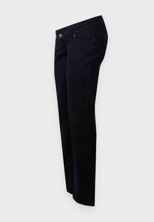Schwarze Denim-Jeans mit geradem Bein, mit einem Frontknopfverschluss, Gürtelschlaufen und fünf Taschen. Glatte, matte Textur.