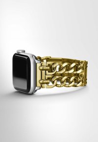 Smartwatch z prostokątną czarną tarczą, srebrną obudową i złotym bransoletą w łańcuch. Bransoleta ma duże, błyszczące ogniwa.