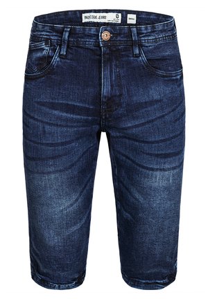 Shorts in denim di colore blu scuro con una texture leggermente usurata. Presentano una chiusura con bottone, cinque tasche e dettagli cuciti sulle cuciture.