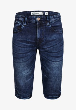 Shorts in denim di colore blu scuro con una texture leggermente usurata. Presentano una chiusura con bottone, cinque tasche e dettagli cuciti sulle cuciture.