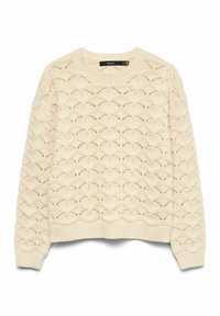 Suéter de punto crema con patrón calado festoneado, escote redondo, puños y dobladillo acanalados, textura suave. Corte casual, diseño ligero.