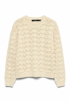 Suéter de punto crema con patrón calado festoneado, escote redondo, puños y dobladillo acanalados, textura suave. Corte casual, diseño ligero.