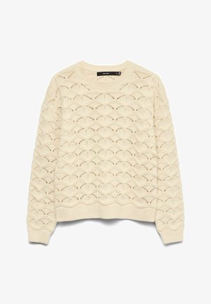 Suéter de punto crema con patrón calado festoneado, escote redondo, puños y dobladillo acanalados, textura suave. Corte casual, diseño ligero.