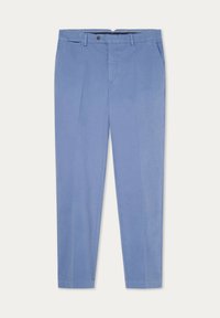 Pantaloni dritti di cotone azzurro chiaro con una texture liscia. Presentano tasche laterali e una chiusura frontale con un singolo bottone.