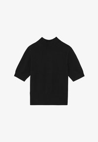 Suéter negro de manga corta con cuello alto acanalado. Presenta una textura de punto suave y un dobladillo acanalado que crea una silueta ajustada.