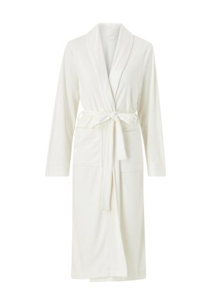 Langer weißer Bademantel mit Schalkragen, Fronttaschen und einem gebundenen Taillengürtel, präsentiert vor einem schlichten weißen Hintergrund.
