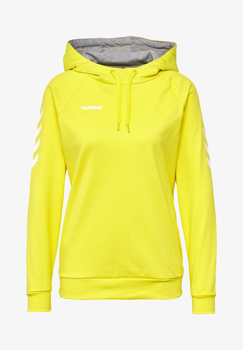 Yellow hoodie in cotton blend, featuring a gray lining, front pocket, adjustable drawstring hood, and white logo on left chest and sleeves.