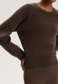 Maglione marrone lavorato a maglia con texture a costine, scollo rotondo e maniche lunghe. Design aderente con orlo leggermente accorciato.