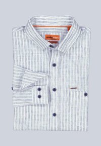 Gestreiftes, gefaltetes Hemd in Hellblau und Weiß, mit normaler Passform, button-down Kragen, Brusttasche und kontrastierenden orangefarbenen Labelakzenten.