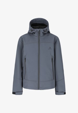 Graue Kapuzenjacke mit Reißverschluss, zwei vorderen Reißverschlusstaschen, verstellbaren Bündchen mit Klettverschluss und kleinem Logo auf der Brust.