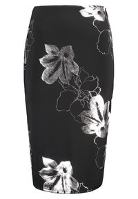 Černá tužková sukně s bílým květinovým vzorem, přiléhavý střih, hladká textura, midi délka, vhodná pro formální i neformální nošení.