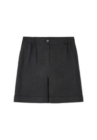 Shorts en lin gris foncé avec une taille élastique, une fermeture à bouton et des ourlets roulés. Texture lisse sans motifs ni accents visibles.