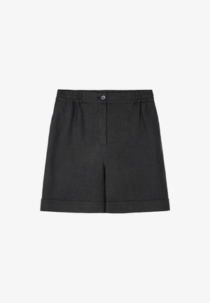 Donkergrijze linnen shorts met een elastische tailleband, knoopsluiting en opgerolde manchetten. Glad textuur zonder zichtbare patronen of accenten.